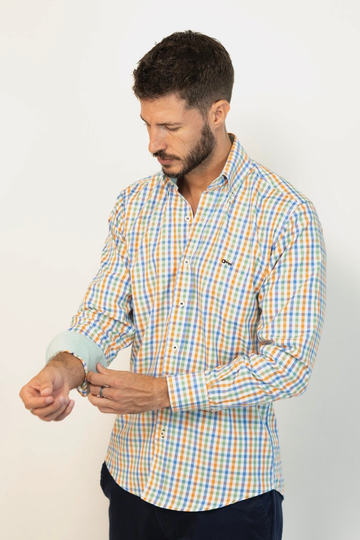 Camisa Popelin Cuadro Verde y Naranja