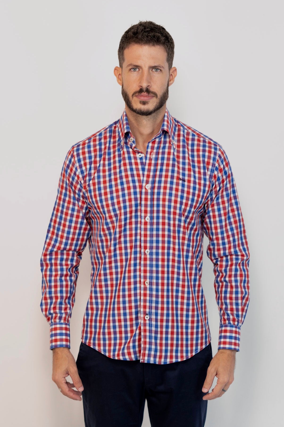 Camisa Popelin Cuadro Rojo y Marino