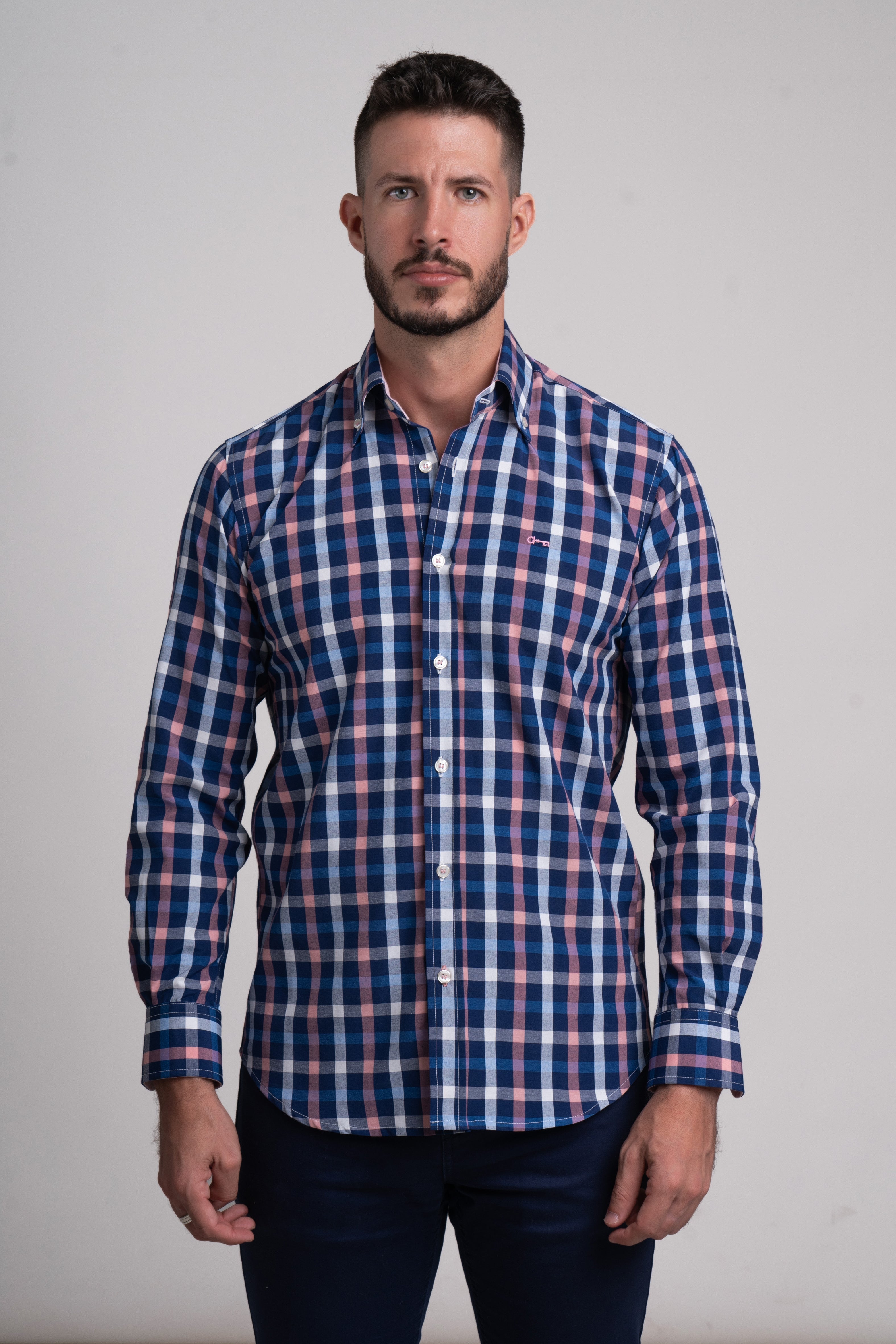 Camisa Popelin Cuadro Marino y Rosa