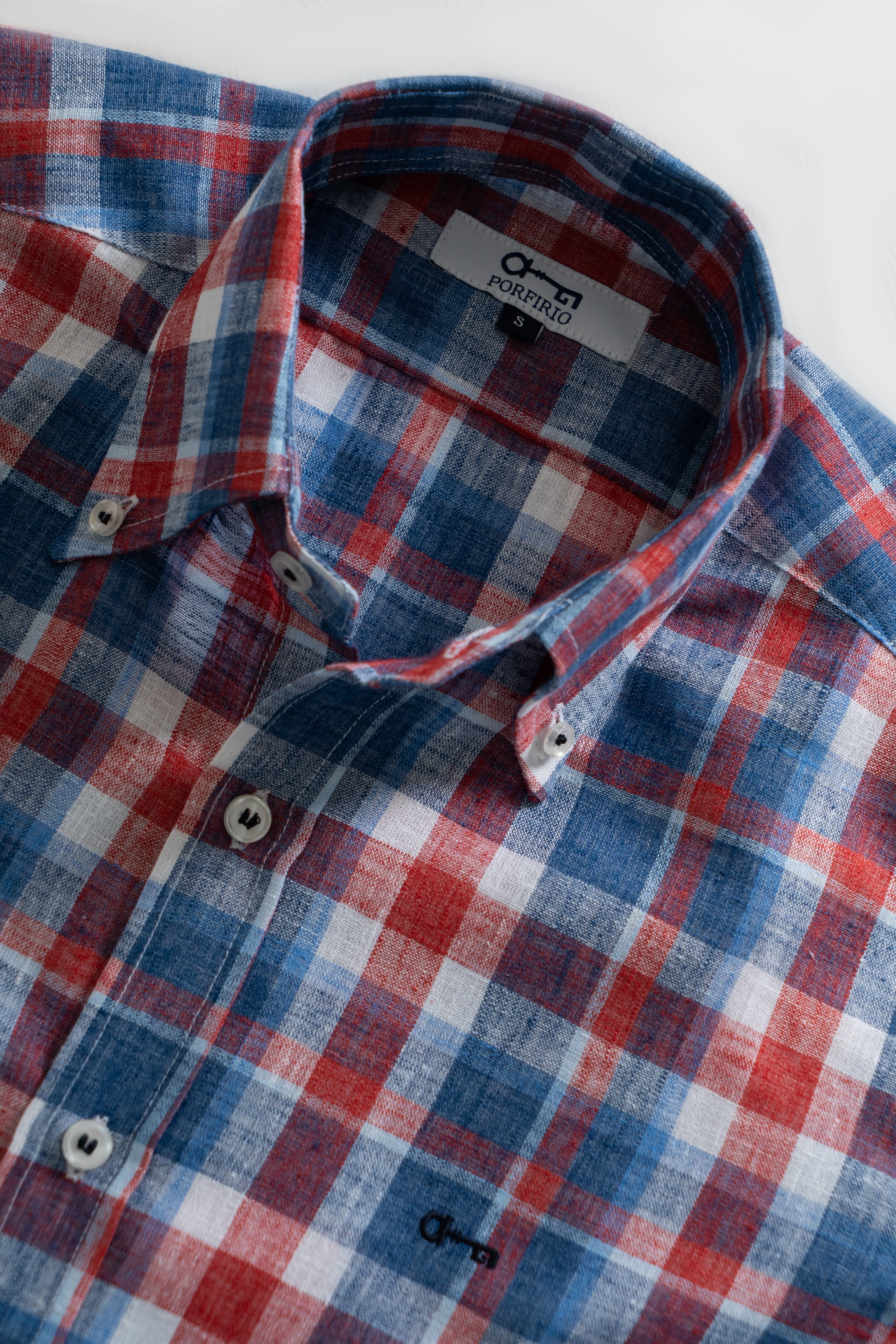 Camisa Lino Cuadro Rojo y Marino