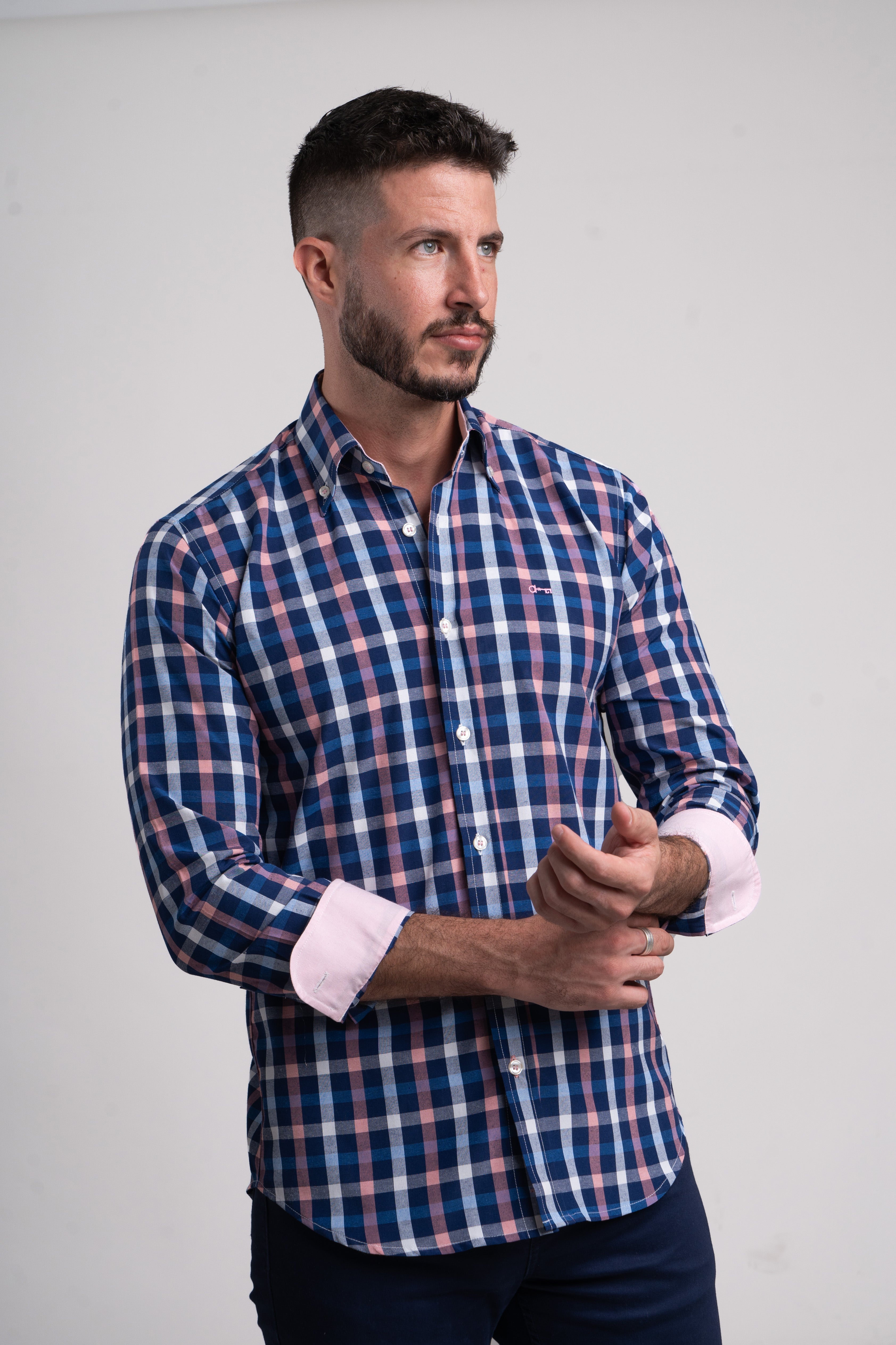 Camisa Popelin Cuadro Marino y Rosa
