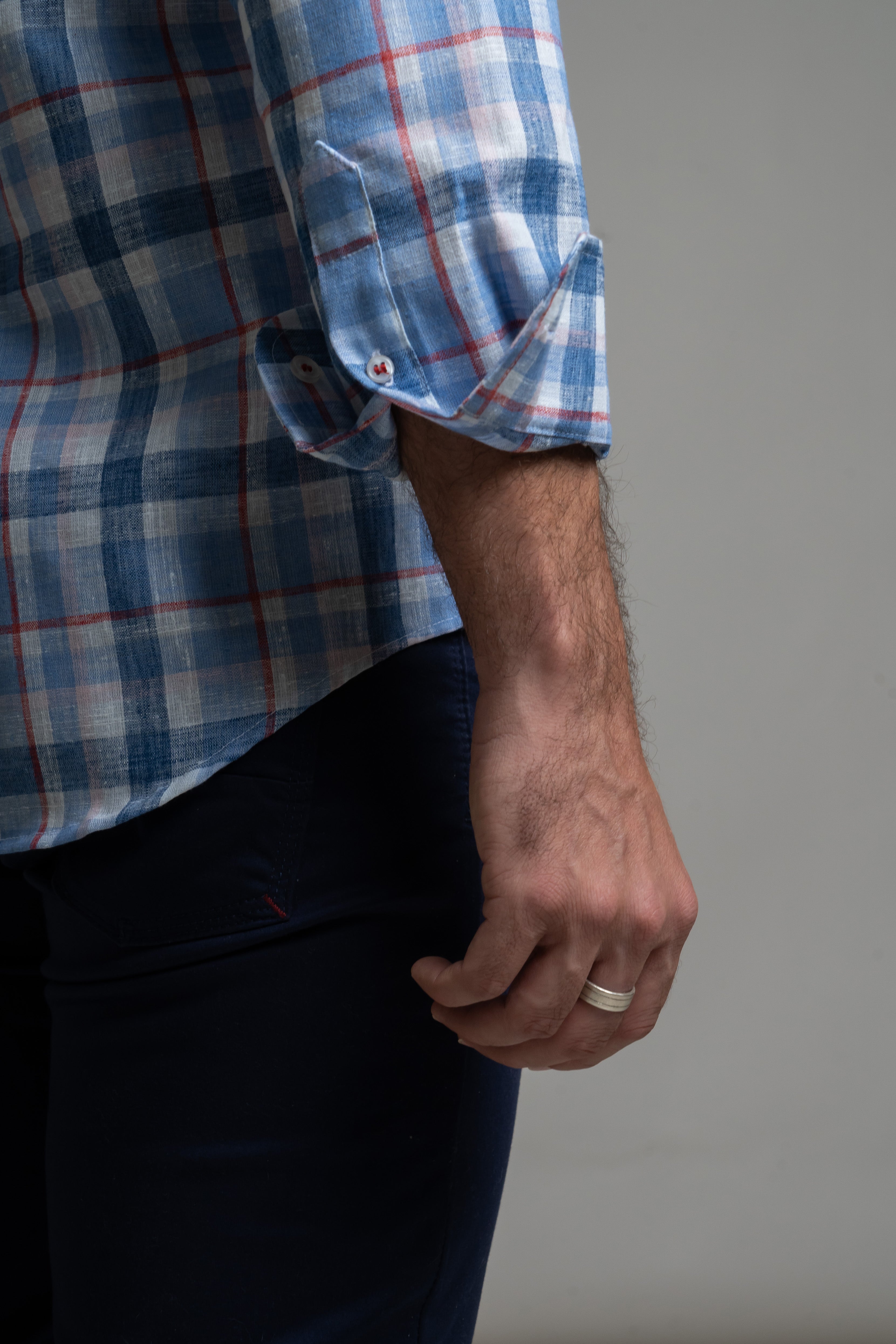 Camisa Lino Cuadro Azul Cielo