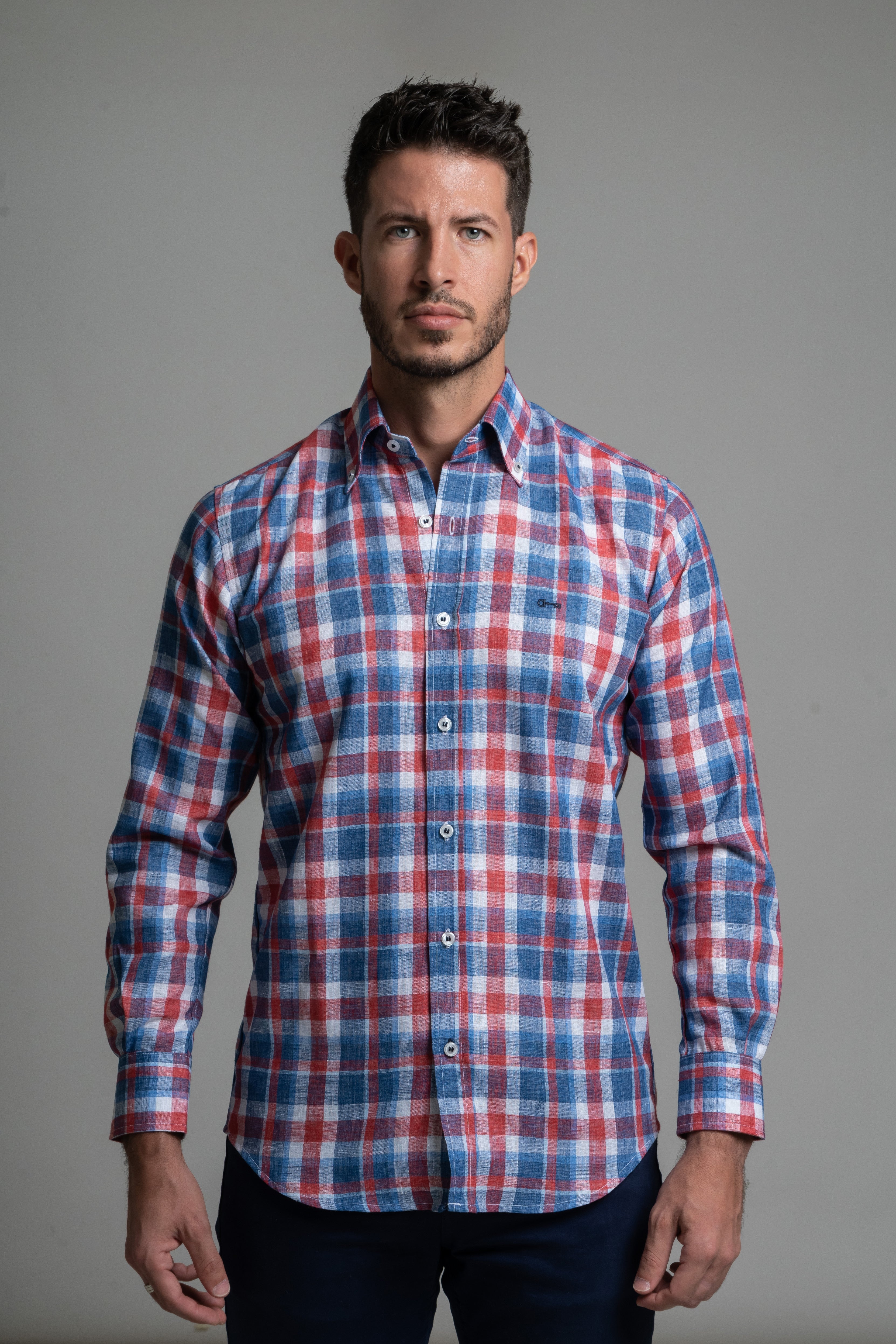 Camisa Lino Cuadro Rojo y Marino