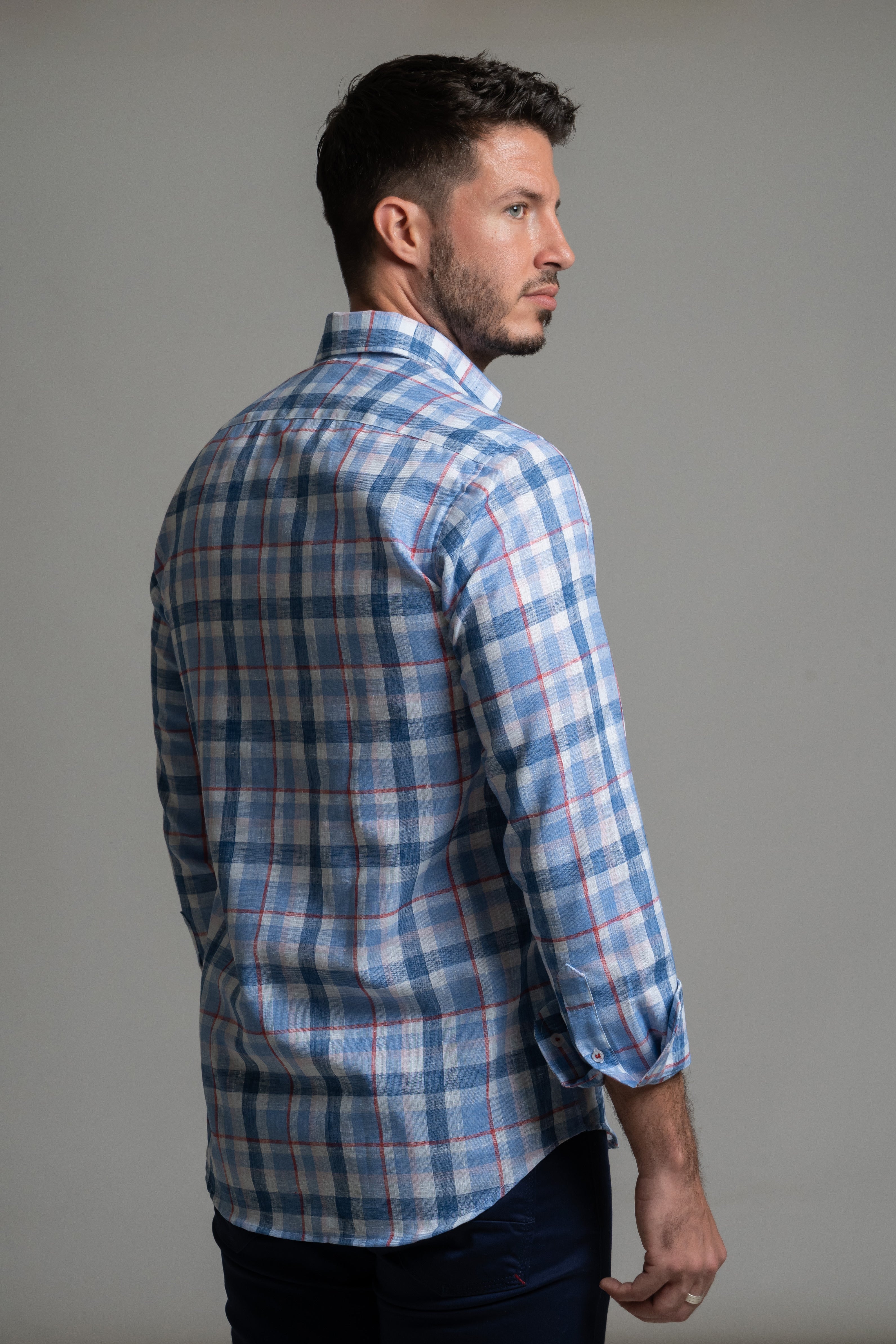 Camisa Lino Cuadro Azul Cielo