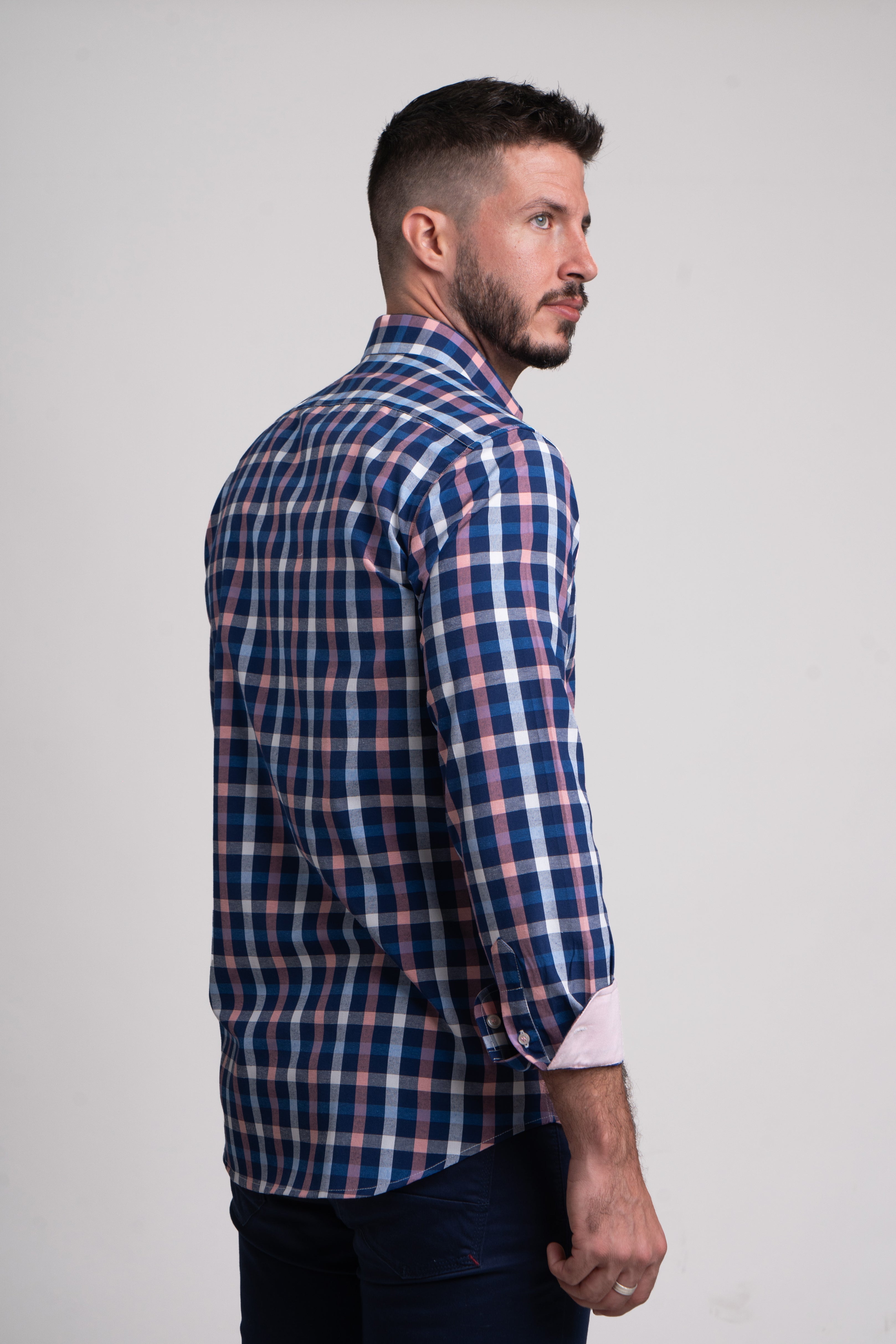 Camisa Popelin Cuadro Marino y Rosa