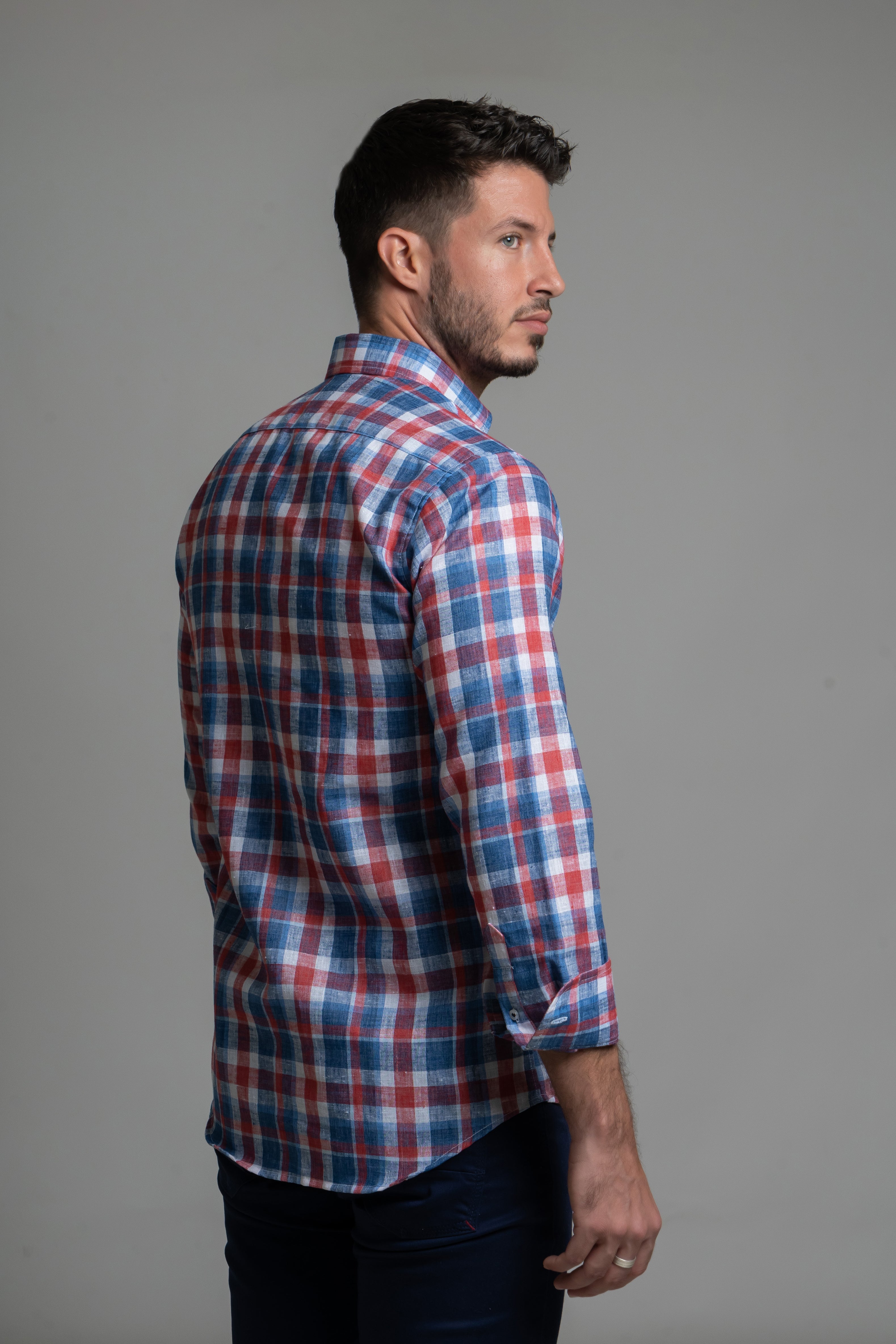 Camisa Lino Cuadro Rojo y Marino