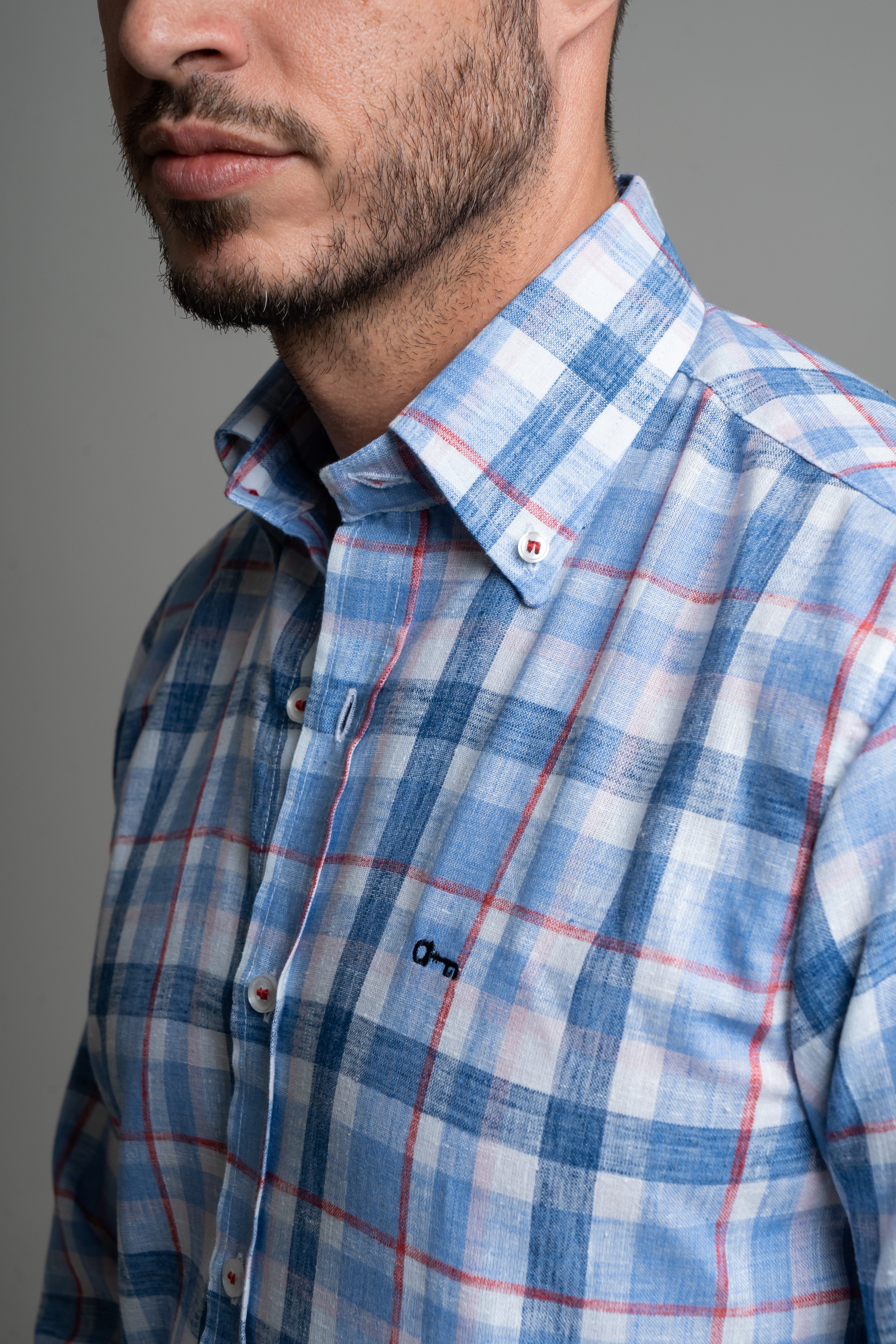 Camisa Lino Cuadro Azul Cielo