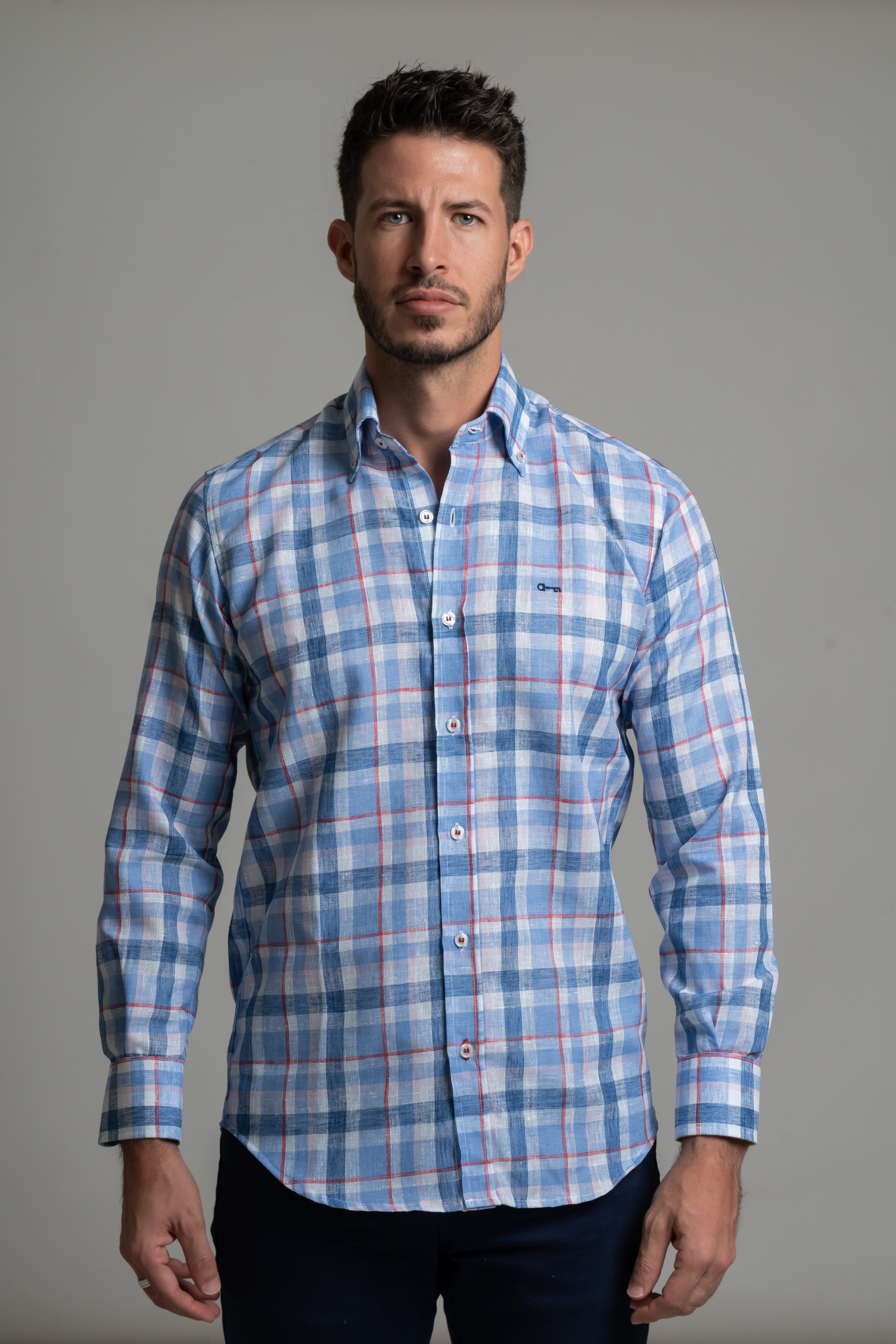 Camisa Lino Cuadro Azul Cielo