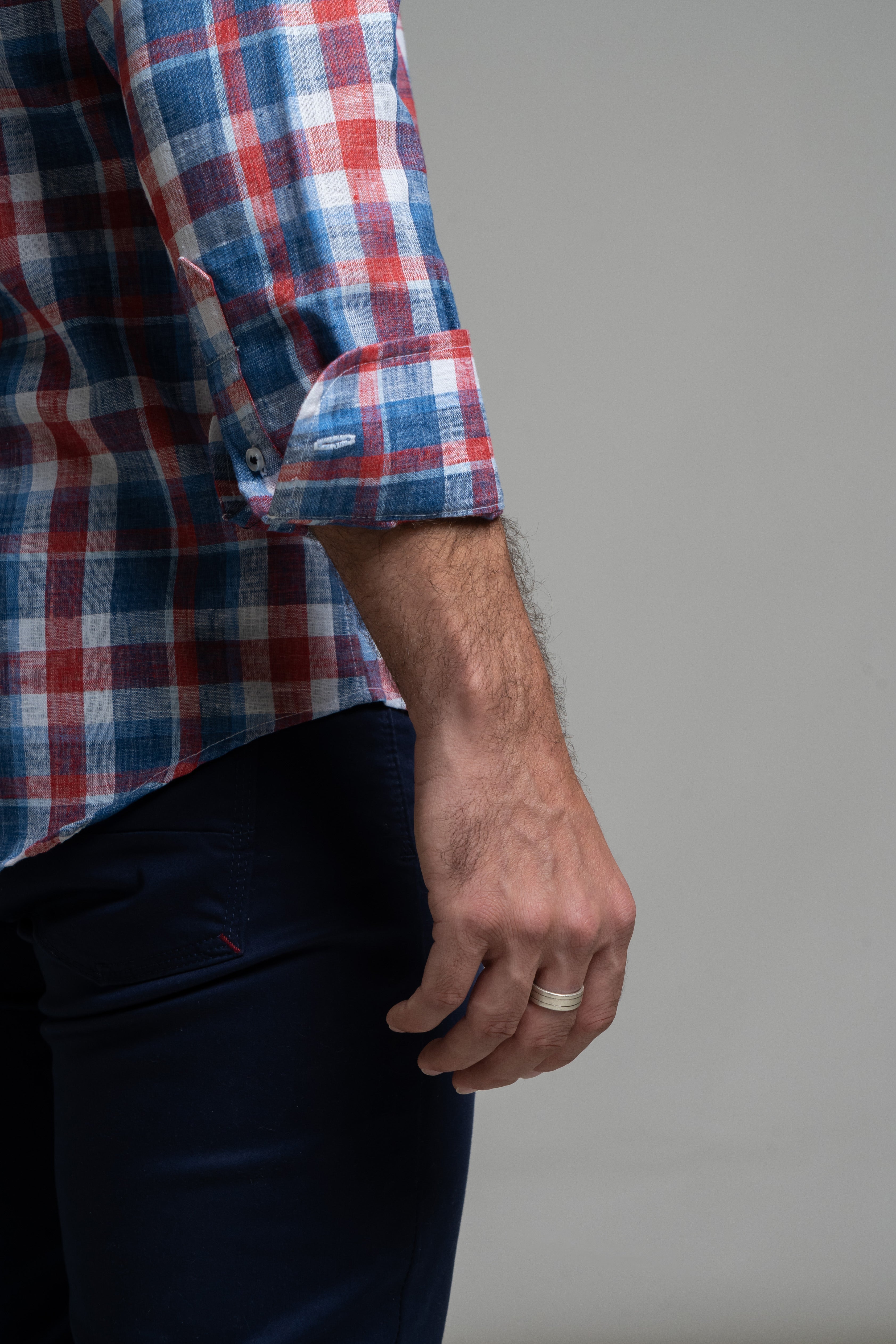 Camisa Lino Cuadro Rojo y Marino