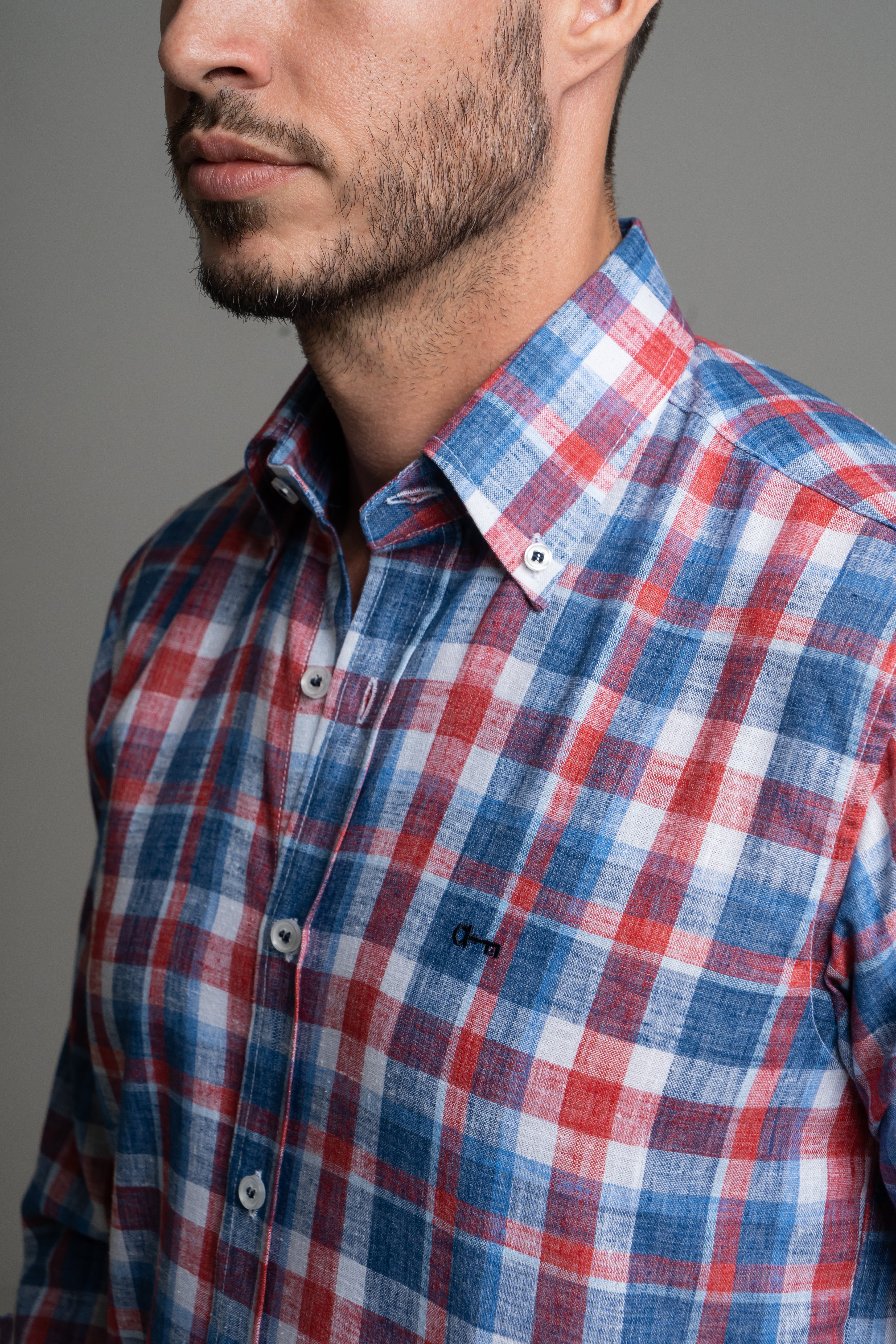 Camisa Lino Cuadro Rojo y Marino