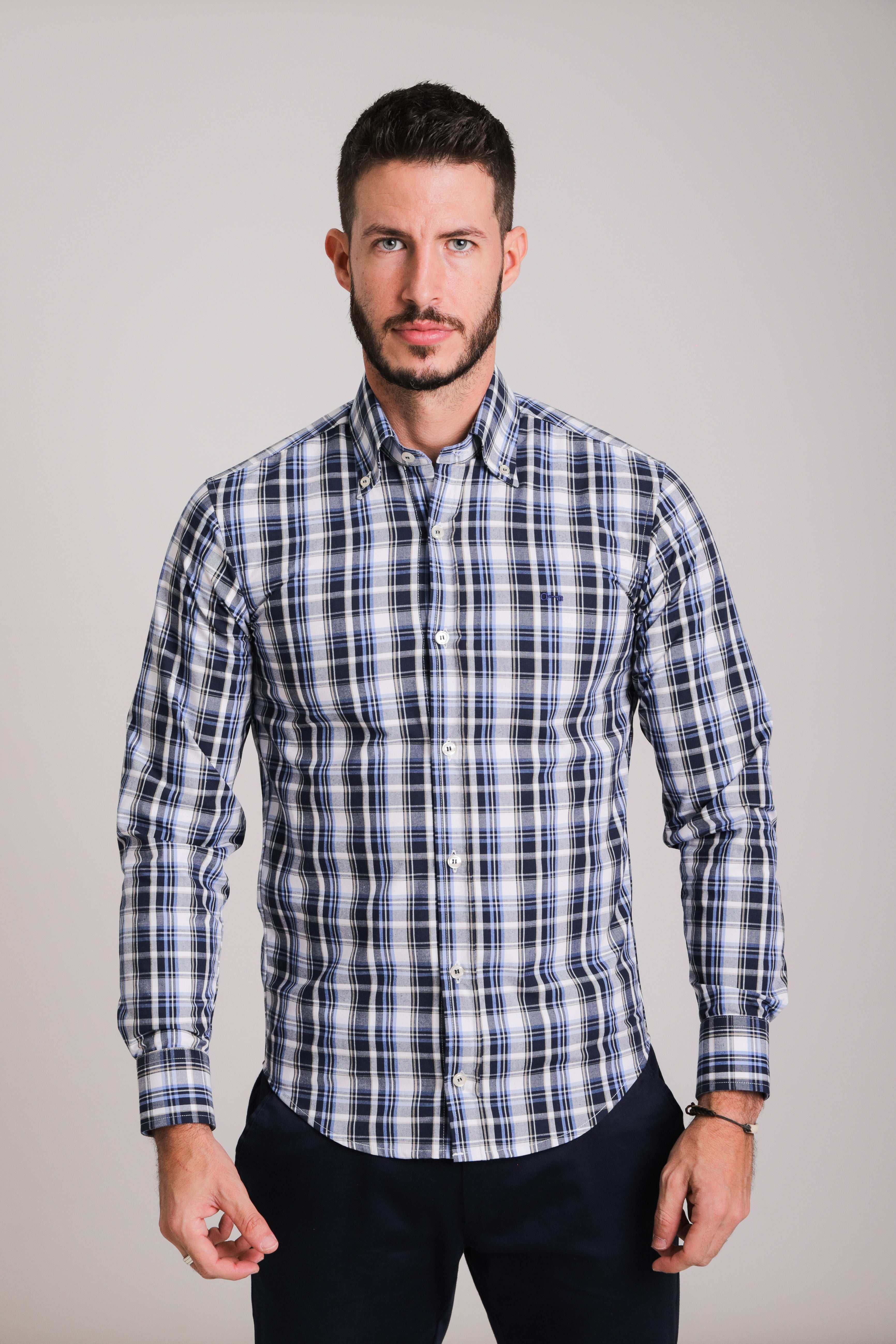 Camisa Oxford Cuadros Azul Marino y Cielo