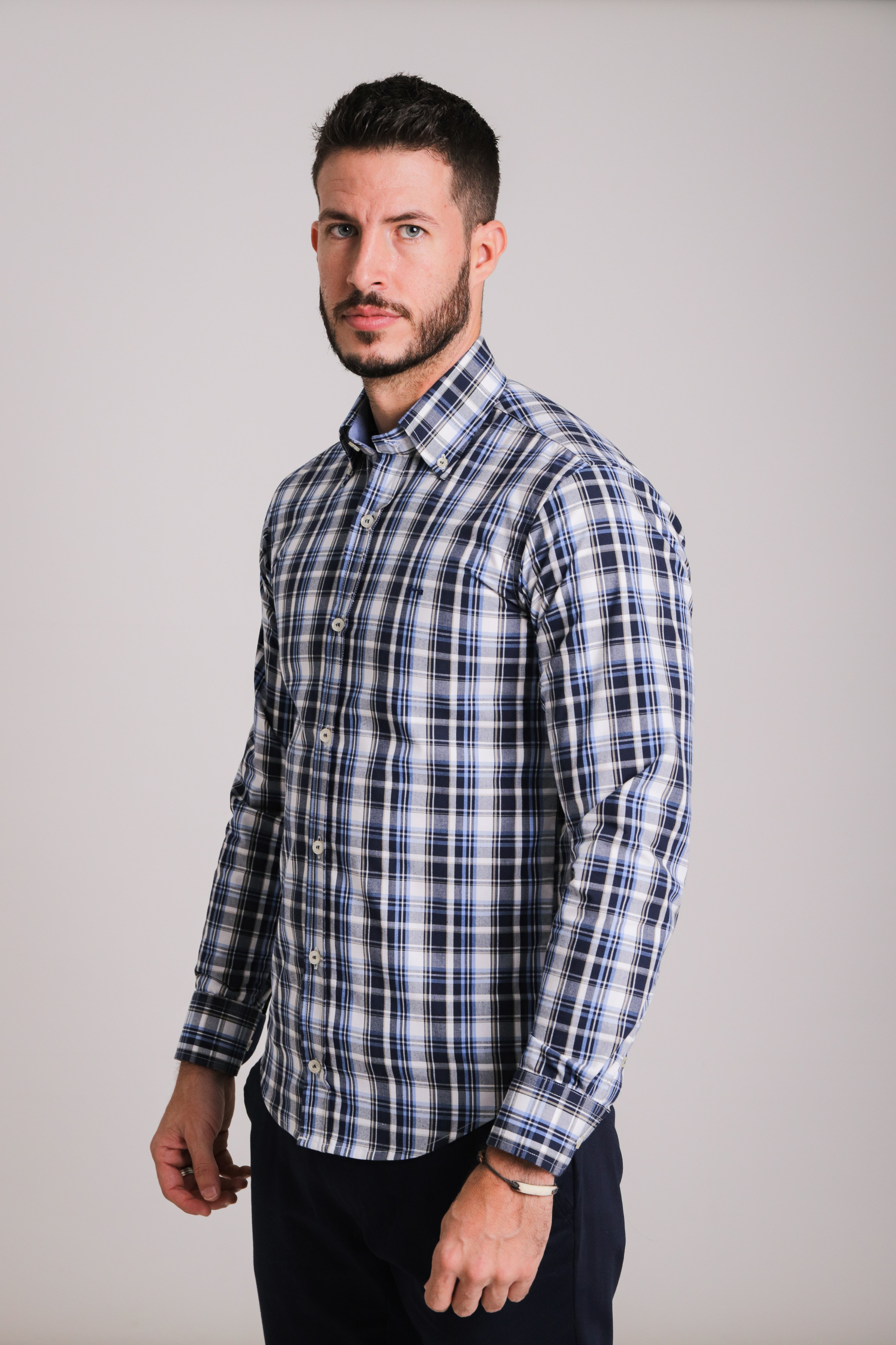 Camisa Oxford Cuadros Azul Marino y Cielo