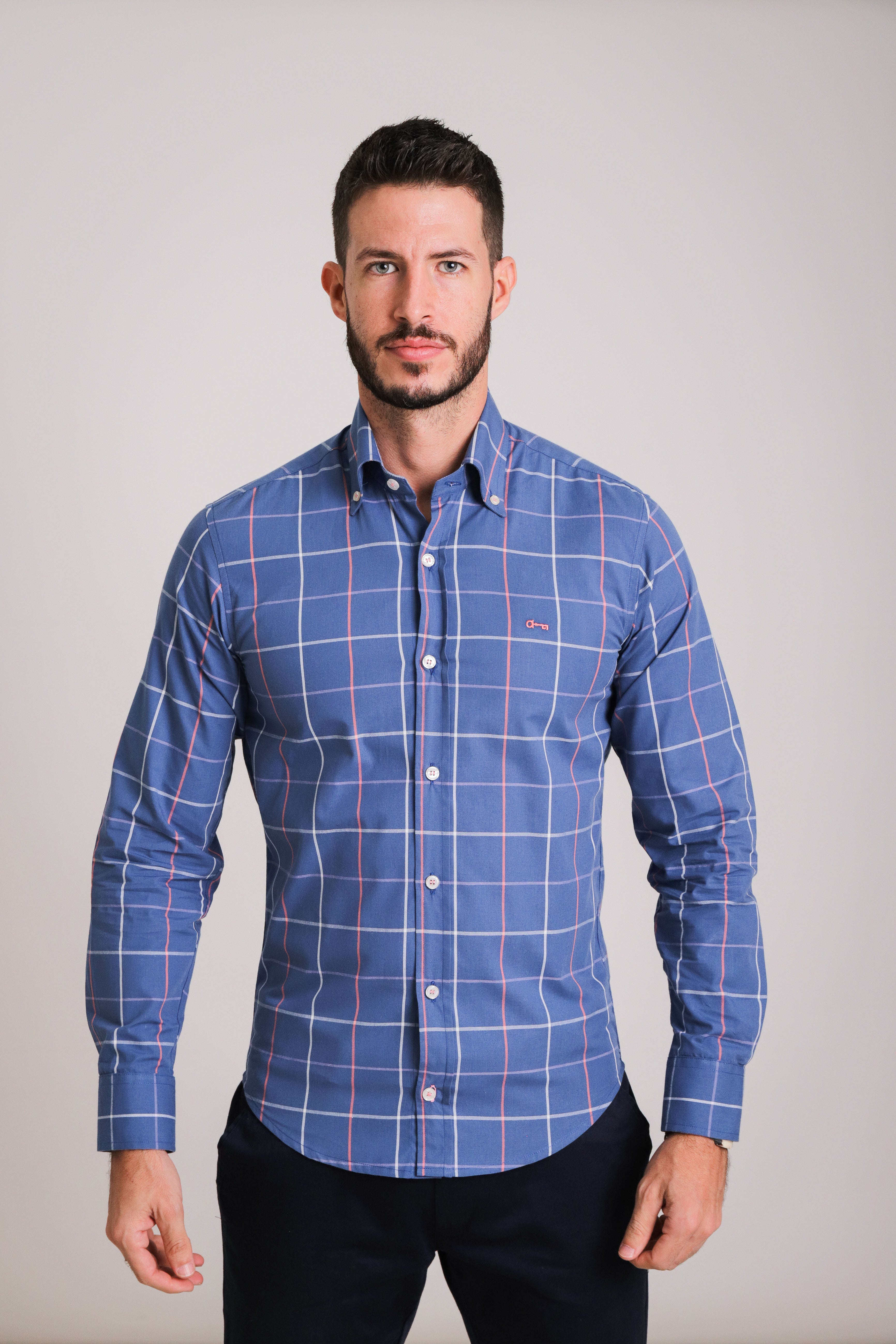 Camisa Azul Lineas Rosa y Lila
