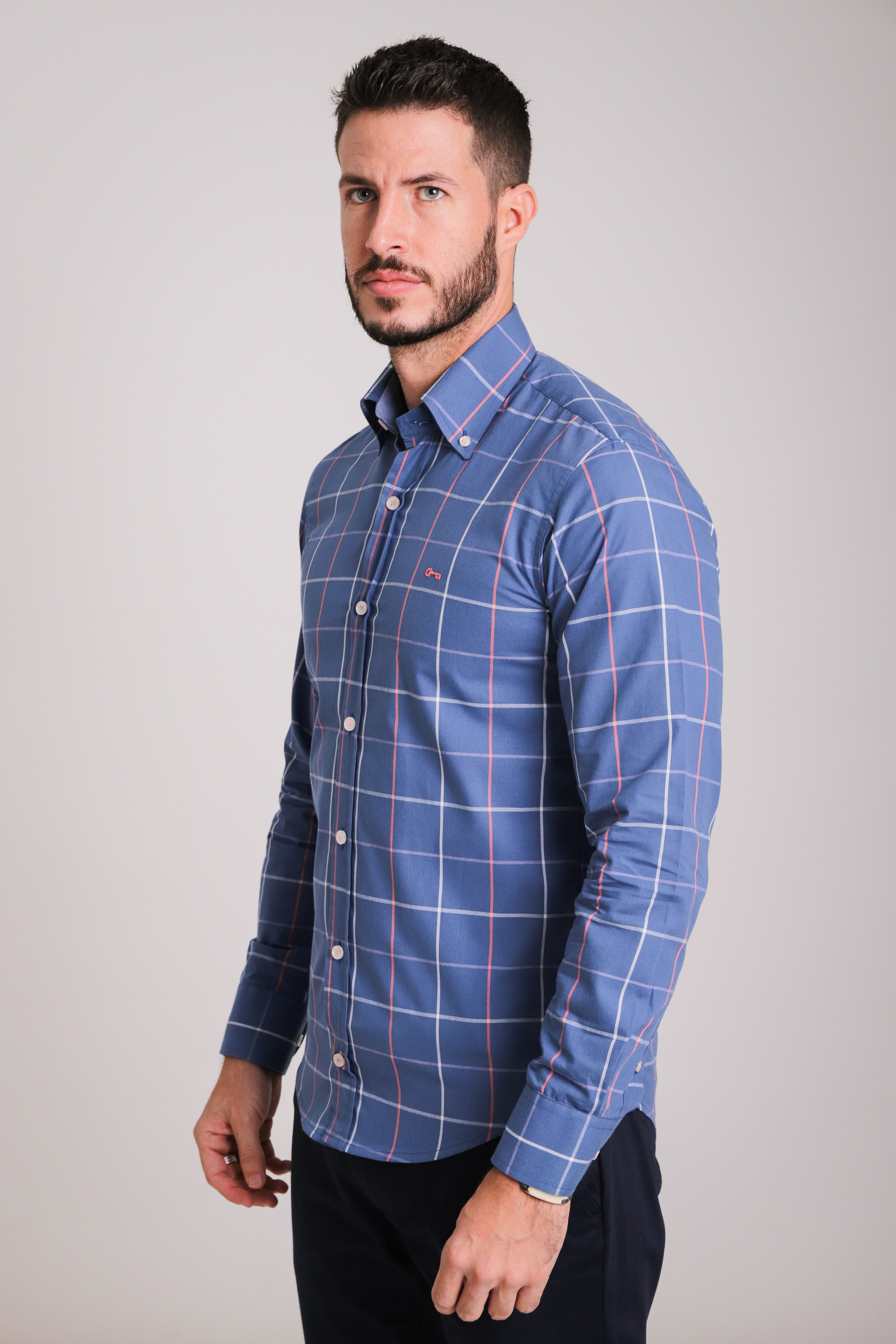 Camisa Azul Lineas Rosa y Lila