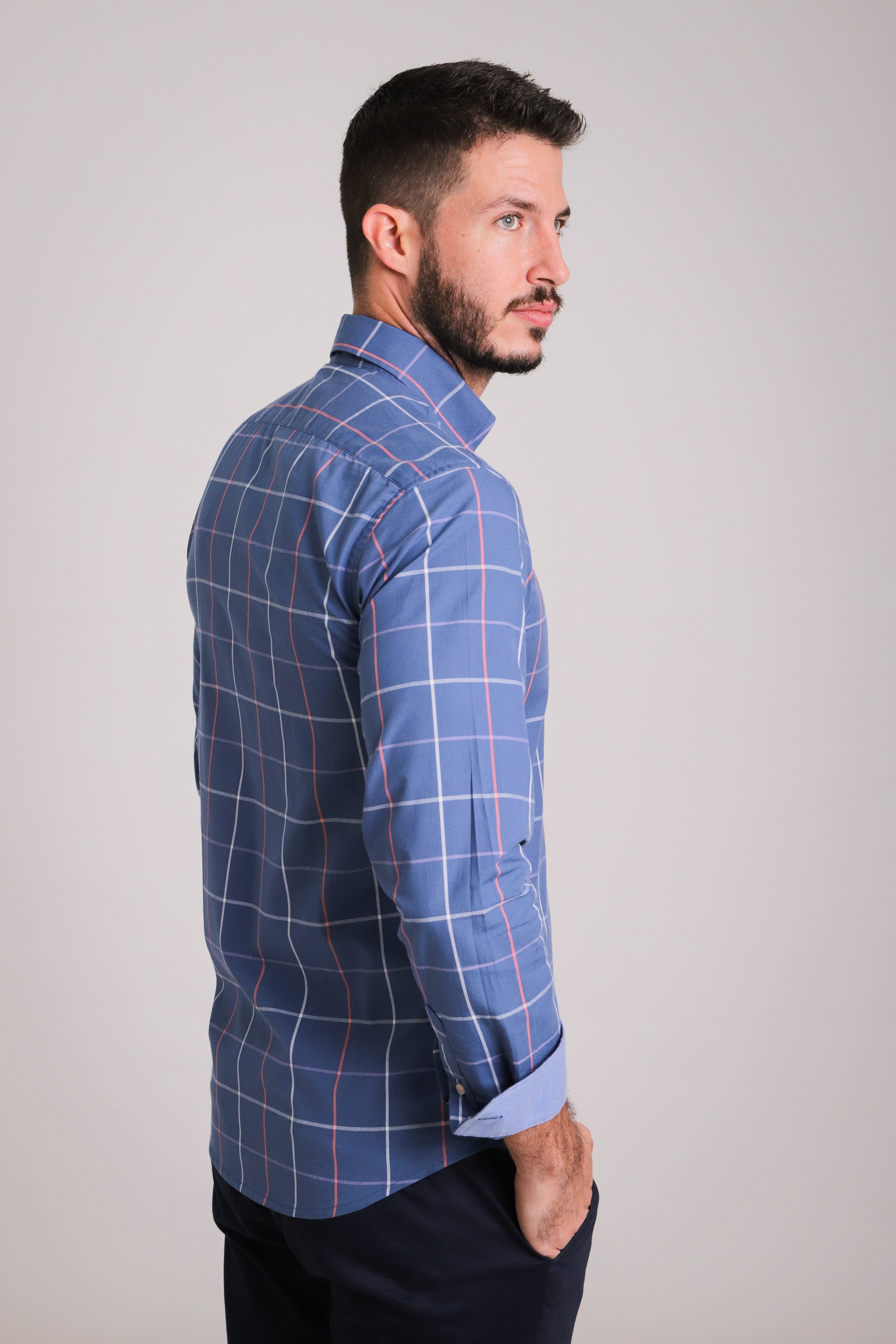 Camisa Azul Lineas Rosa y Lila