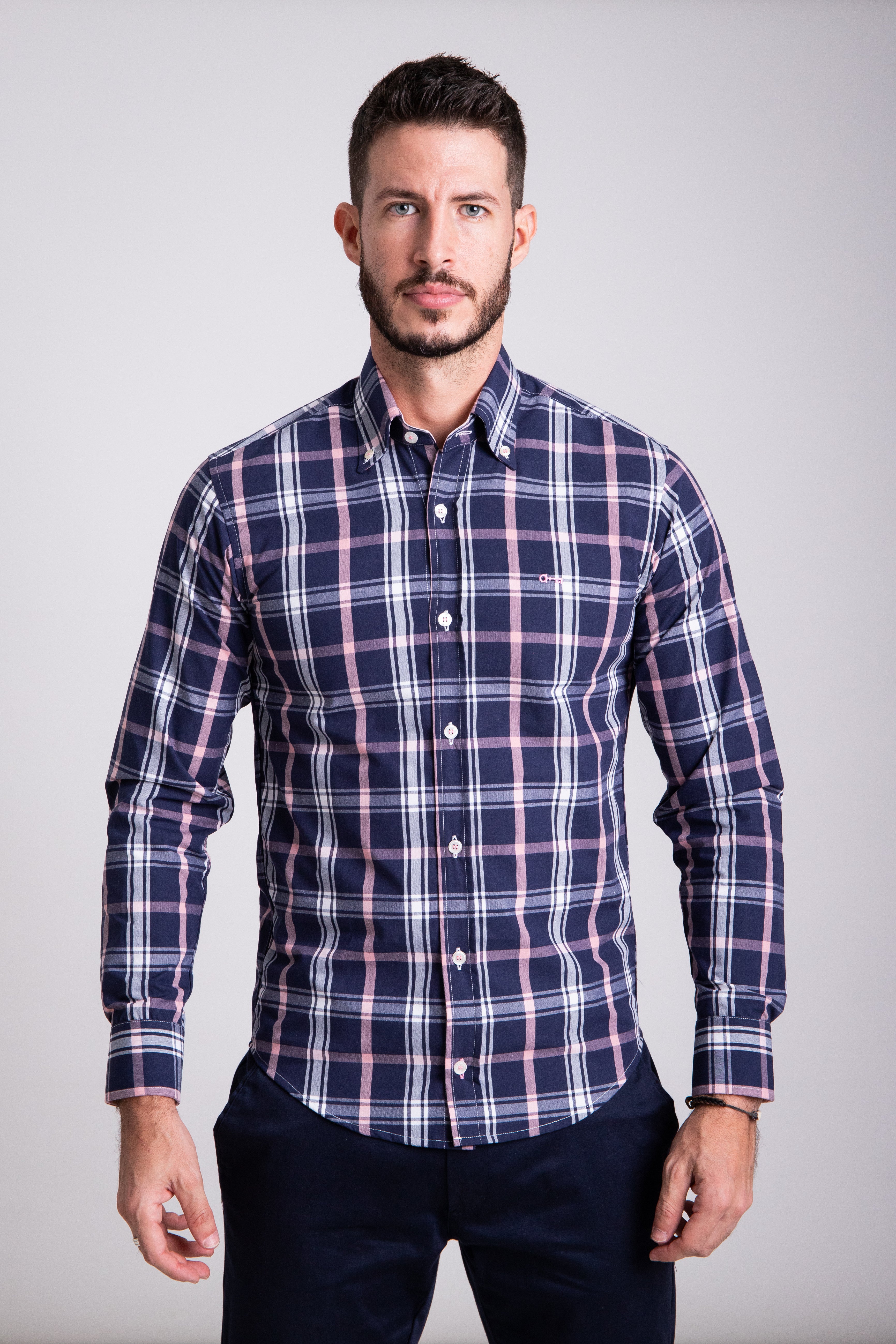 Camisa Oxford Marino Cuadros Rosa