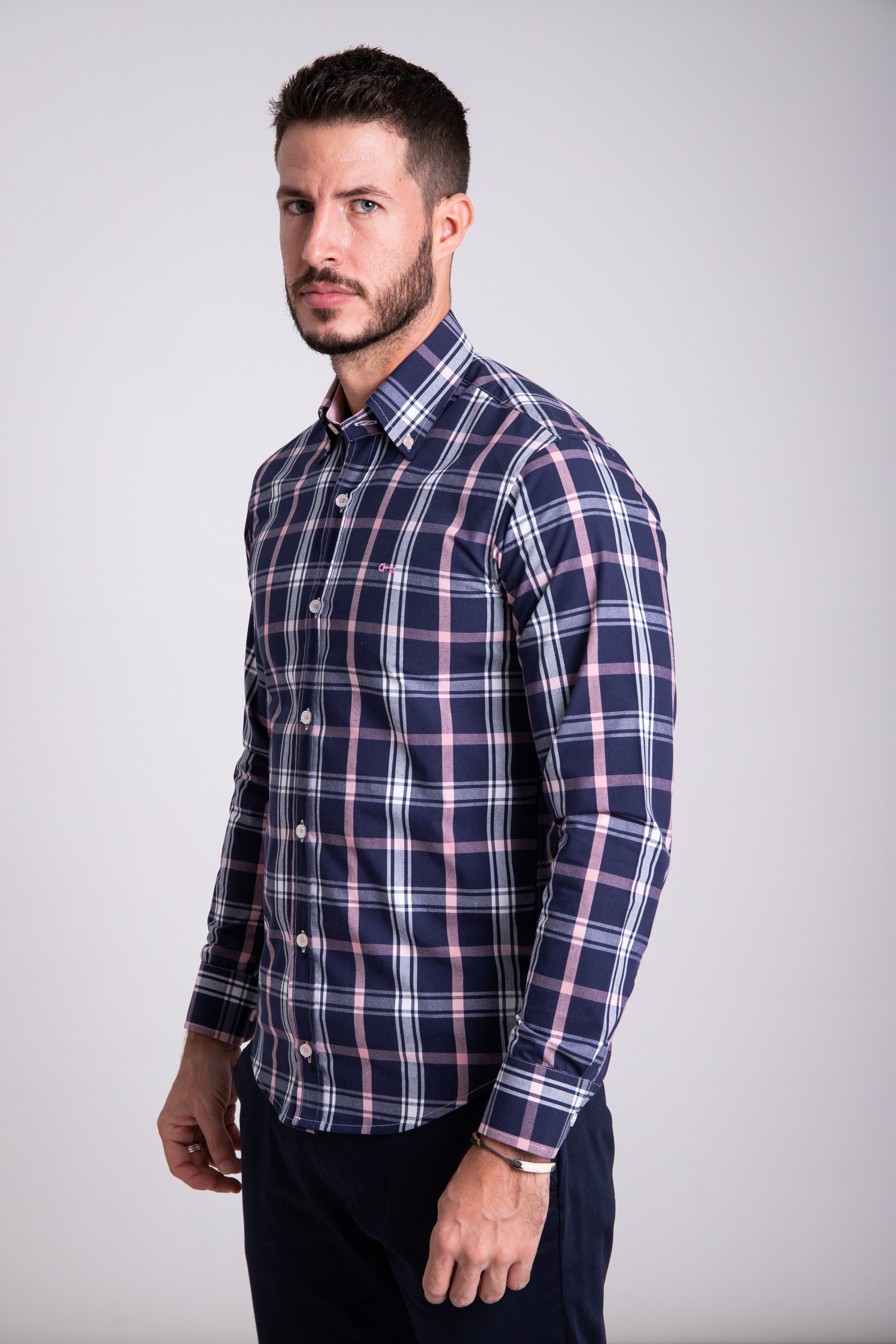 Camisa Oxford Marino Cuadros Rosa