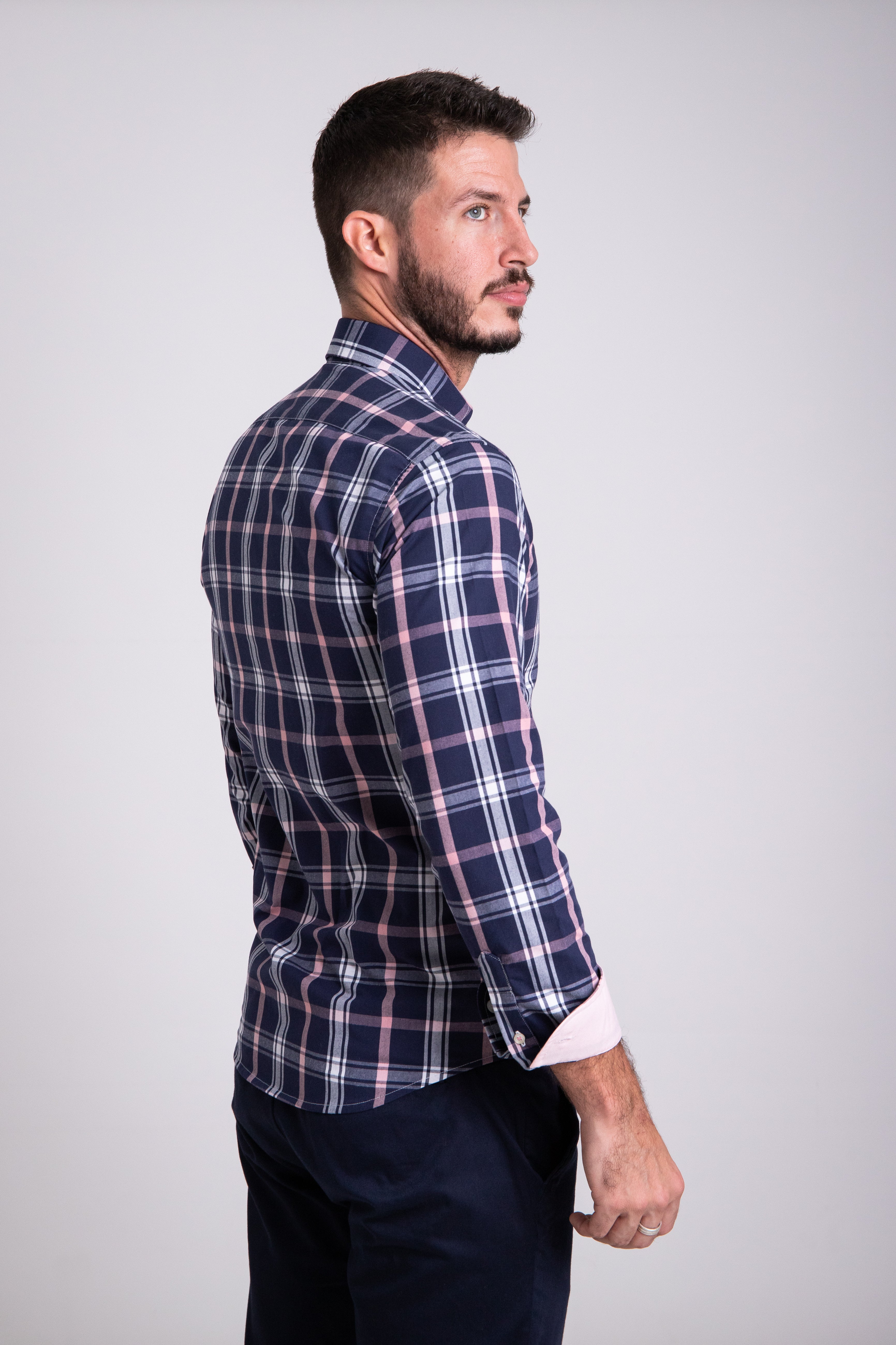 Camisa Oxford Marino Cuadros Rosa