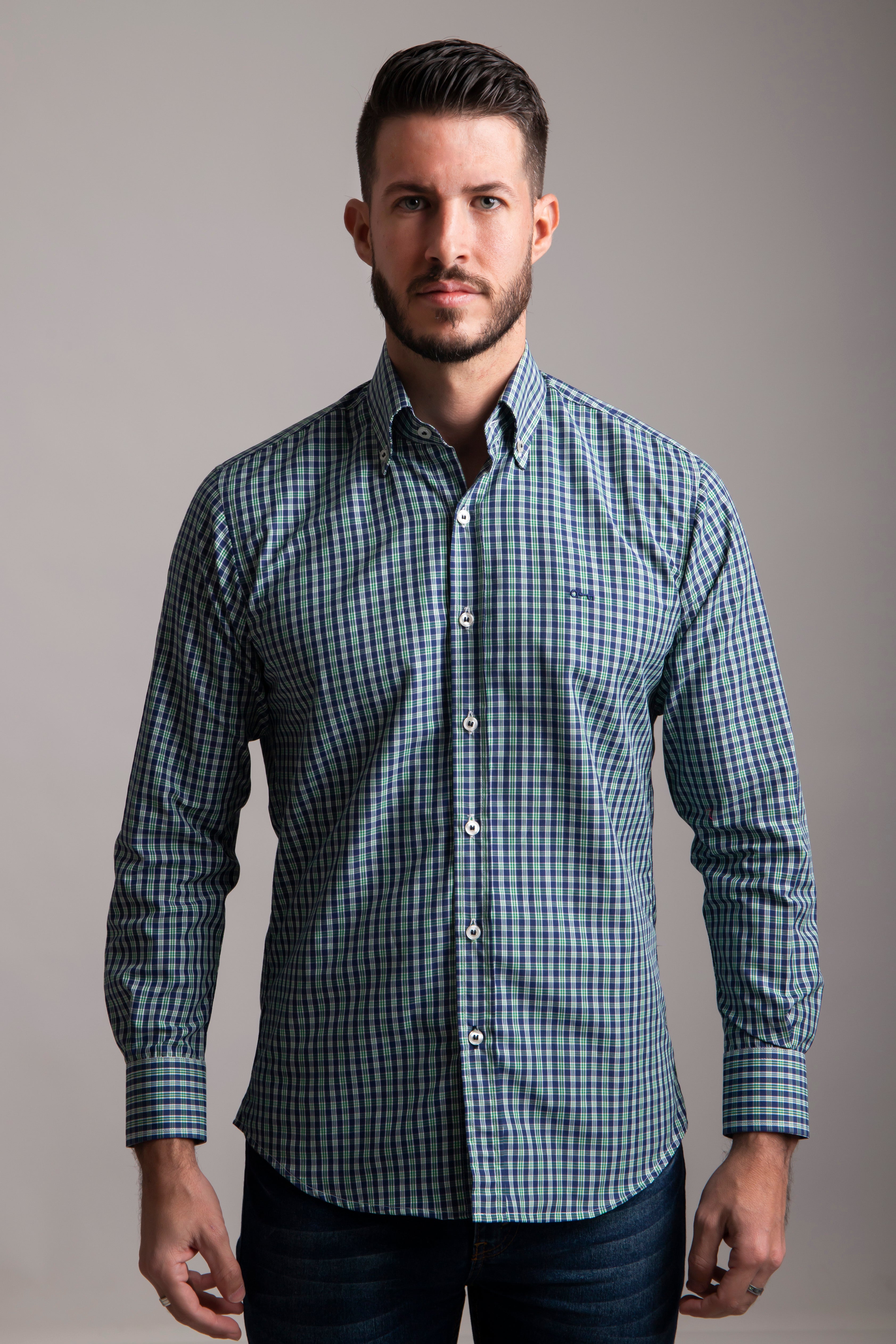Camisa Cuadro Pequeño Marino y Verde