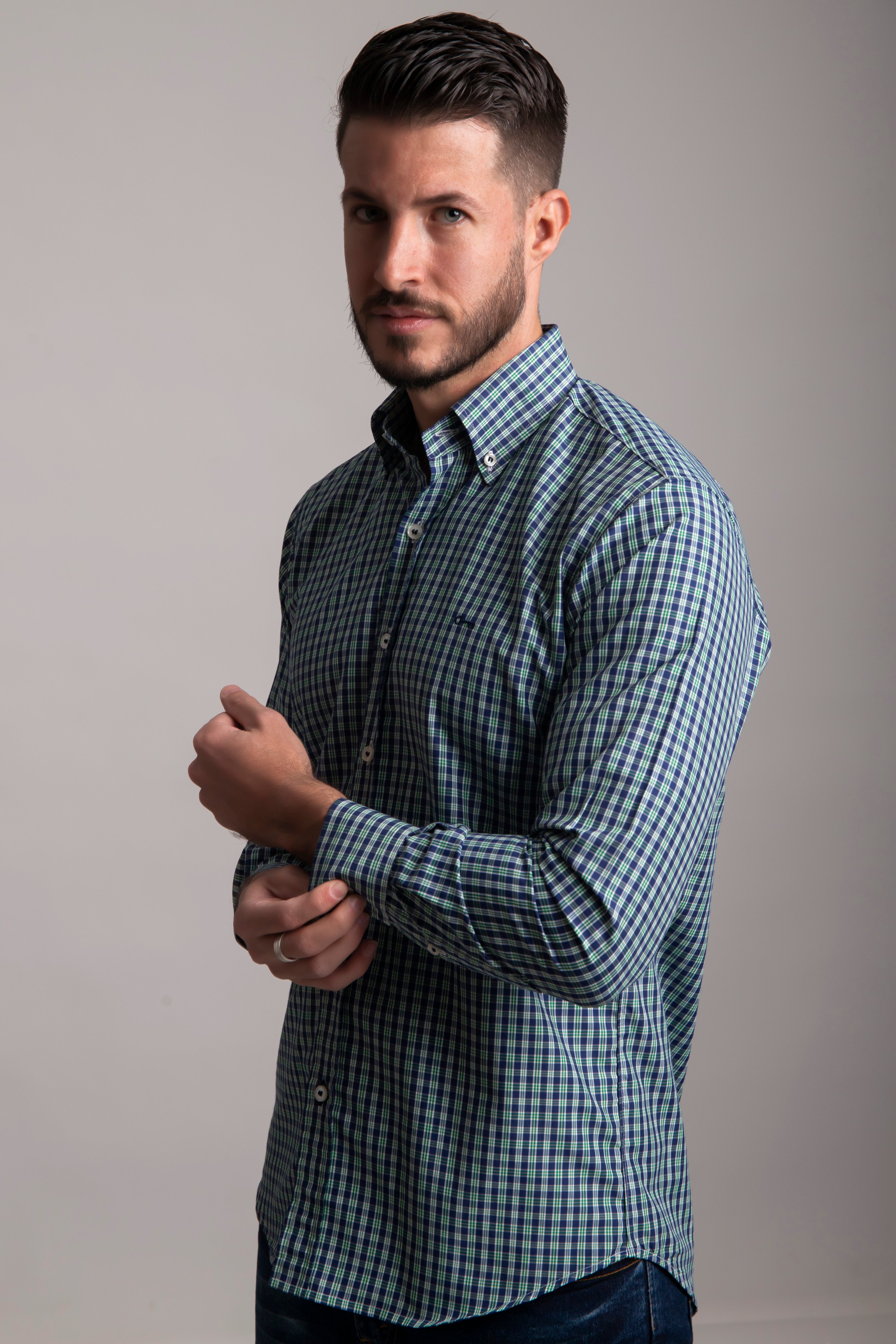 Camisa Cuadro Pequeño Marino y Verde