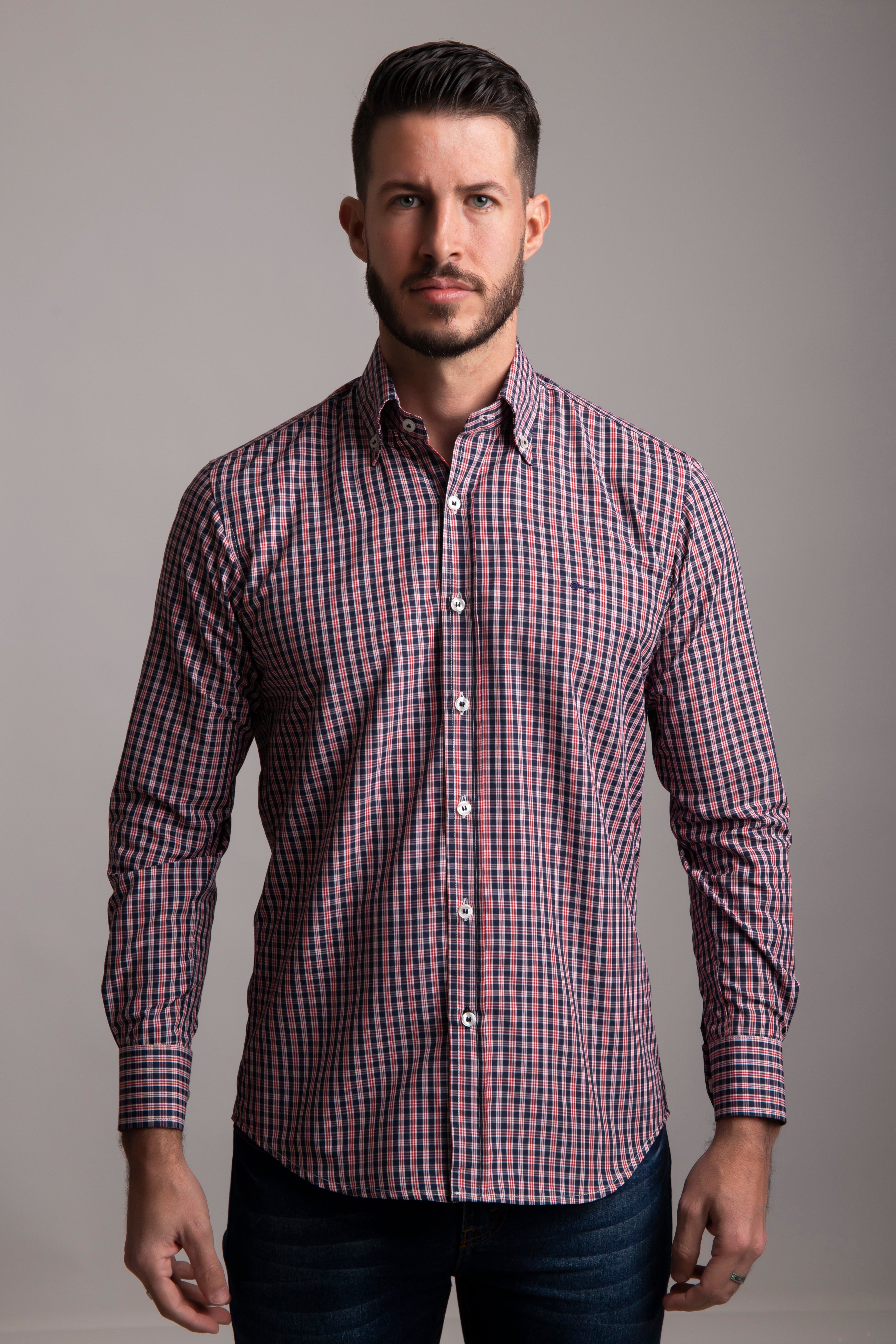 Camisa Cuadro Pequeño Marino y Rojo