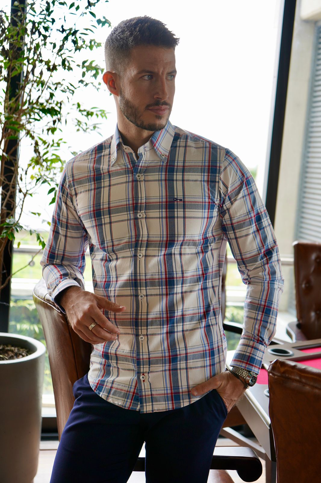 Camisa Oxford Cuadros Rojo y Azul