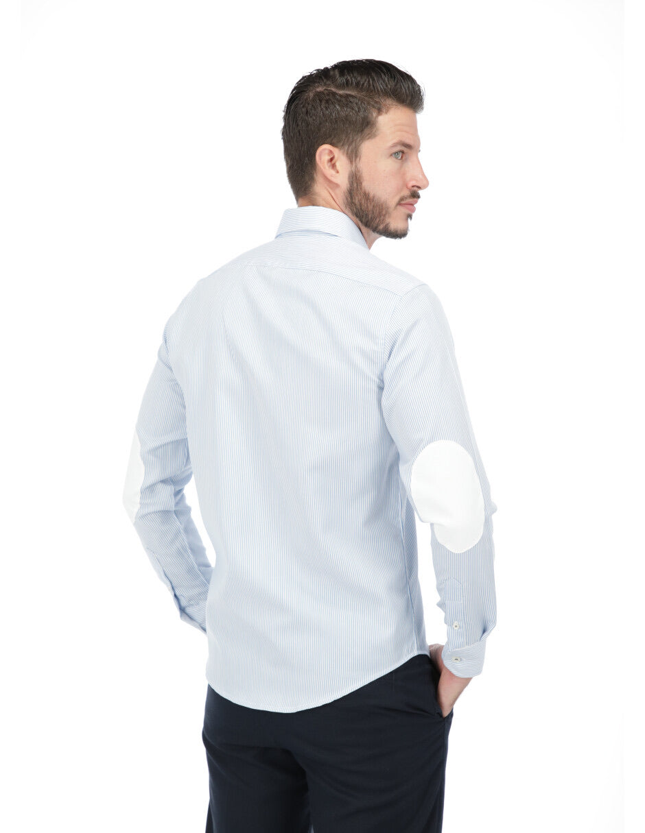 Camisa Rayas Azul Tejido Oxford con Coderas