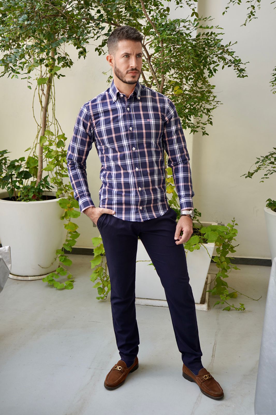 Camisa Oxford Marino Cuadros Rosa