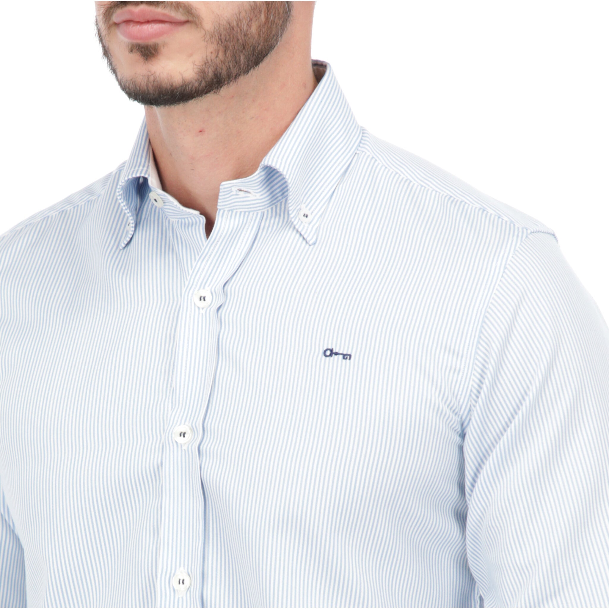 Camisa Rayas Azul Tejido Oxford con Coderas
