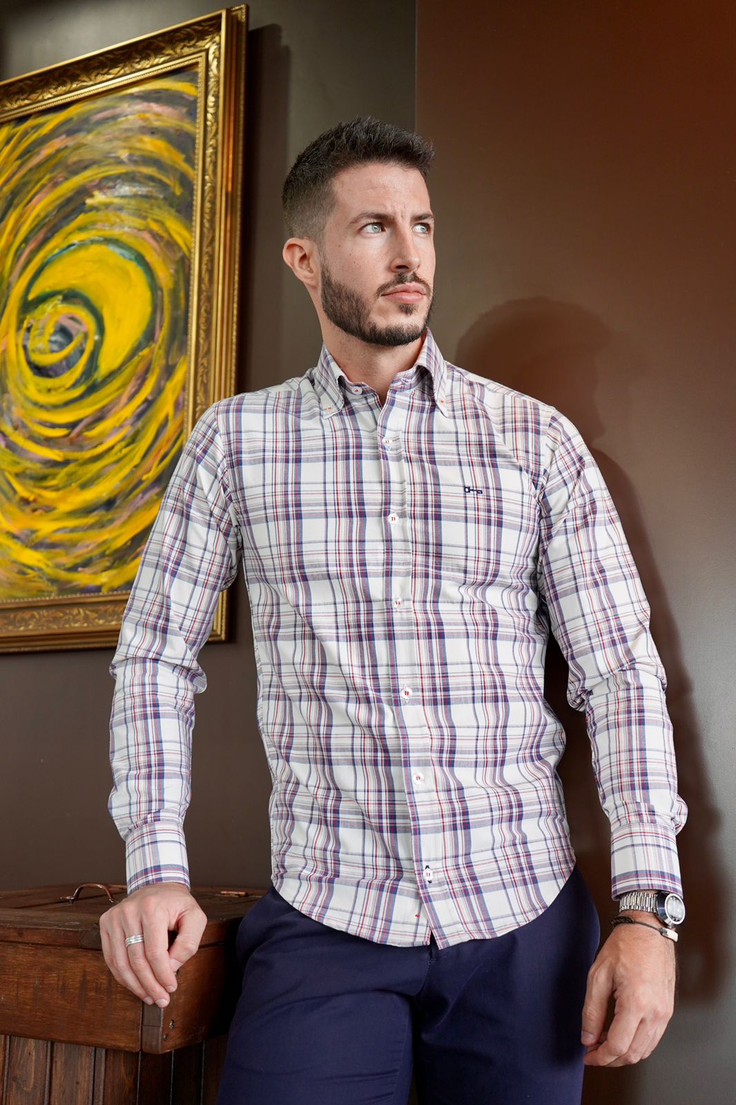 Camisa Oxford Cuadro Rojo y Marino