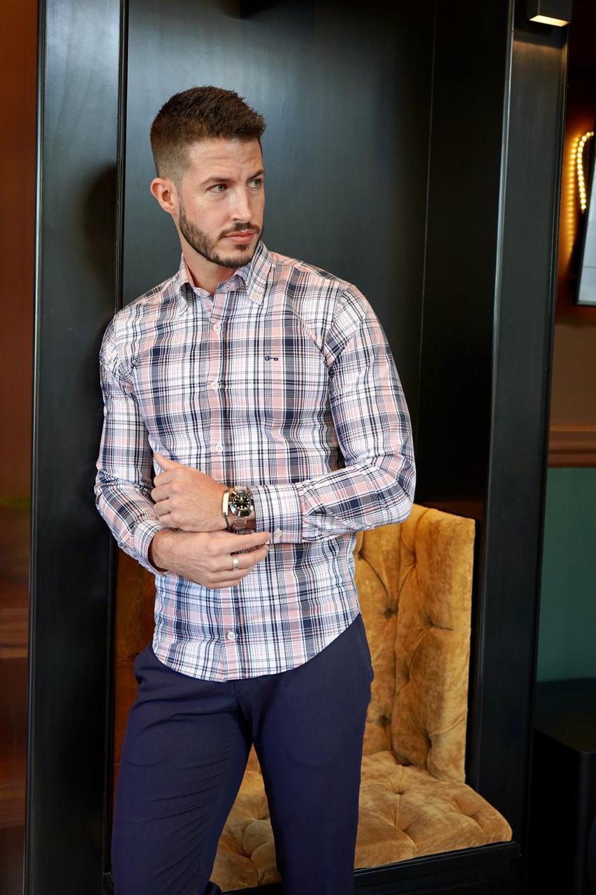 Camisa Oxford Lineas Rosa y Marino