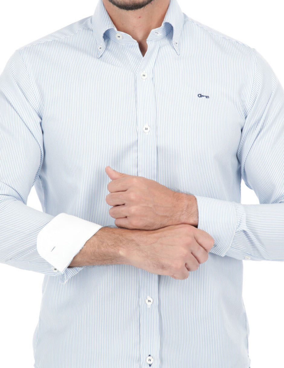 Camisa Rayas Azul Tejido Oxford con Coderas
