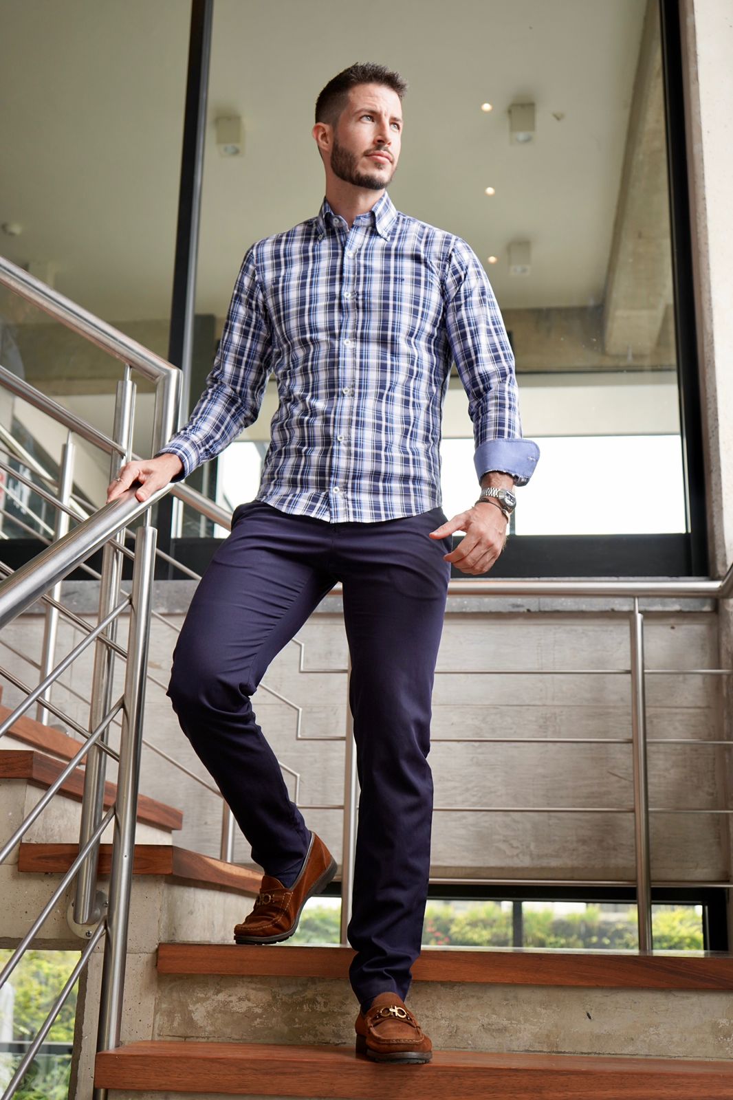 Camisa Oxford Cuadros Azul Marino y Cielo